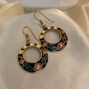 Vintage Cloisonné Enamel Hoop Earrings Floral Asian Inspired Gold Tone